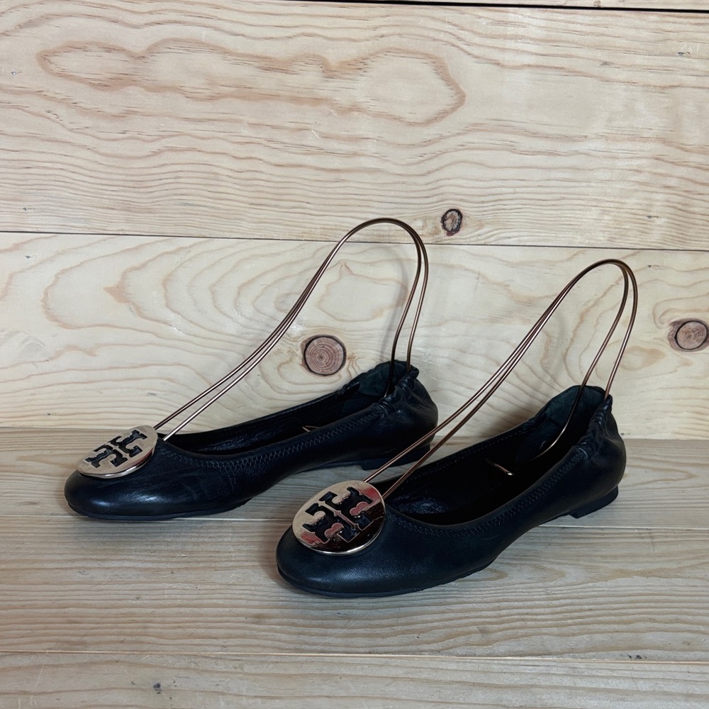 Tory Burch Black Flats with Gold Logo